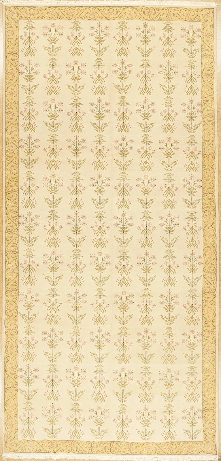 A European hallway carpet with a cream background and a border of yellowish-gold with intricate floral and geometric patterns, featuring vertical rows of stylized floral motifs in beige and pink.