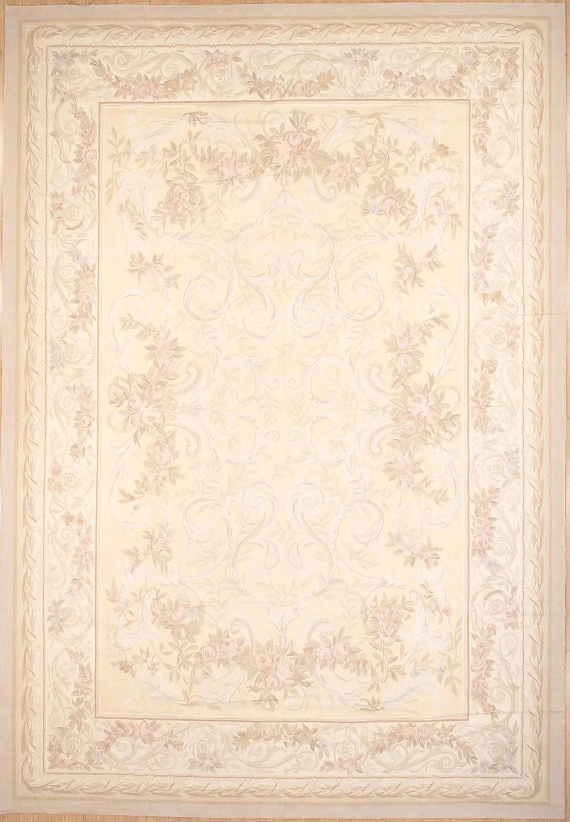 Pastel yellow handwoven aubusson carpet size 11.3 x 16.2
