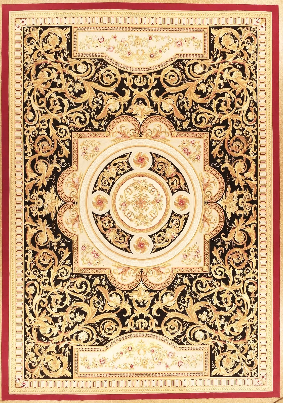 black and gold 12.7 x 18 handwoven aubusson rug