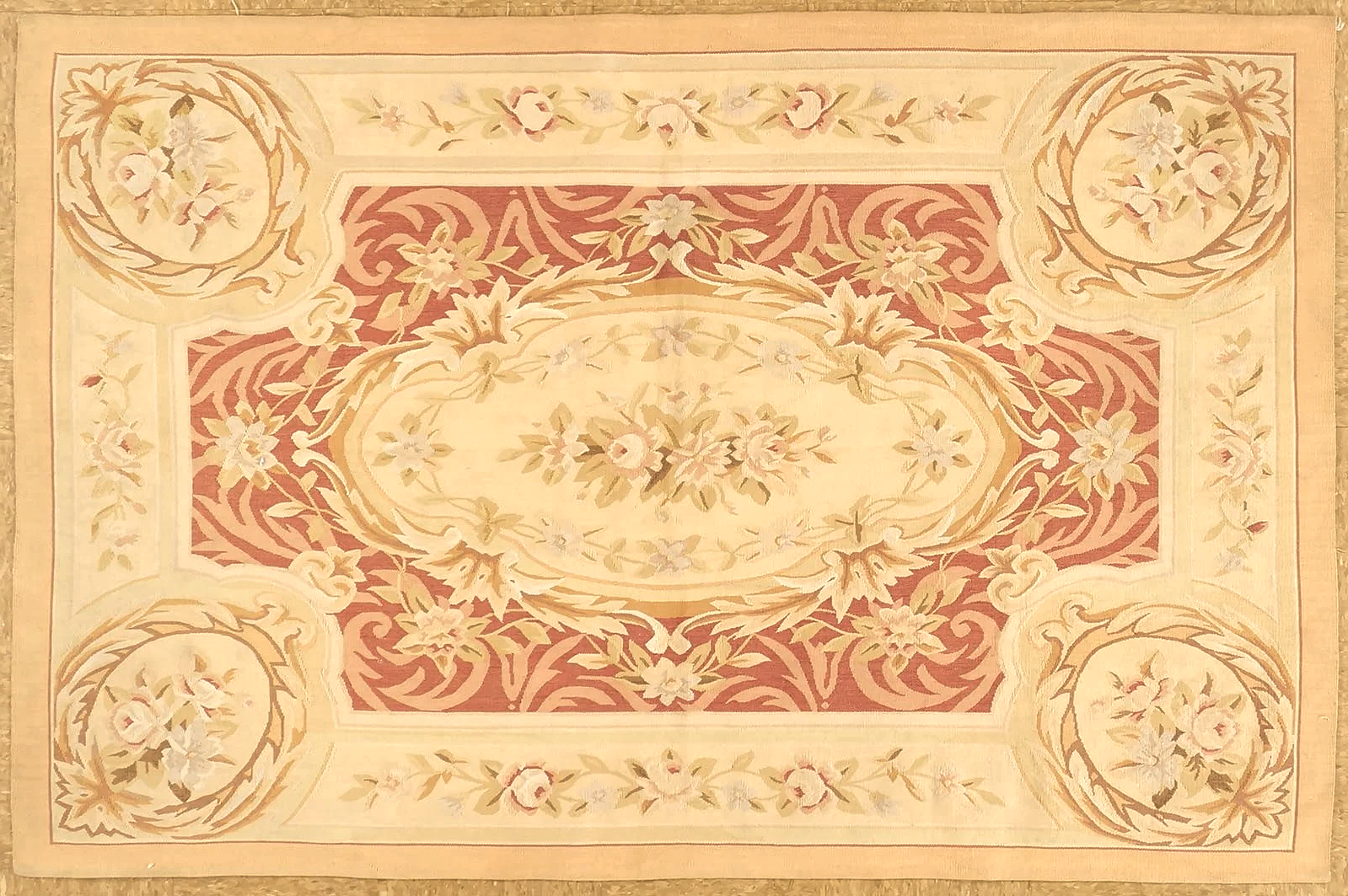 4.1 x 6.2 New handwoven woolen pastel red Aubusson rug