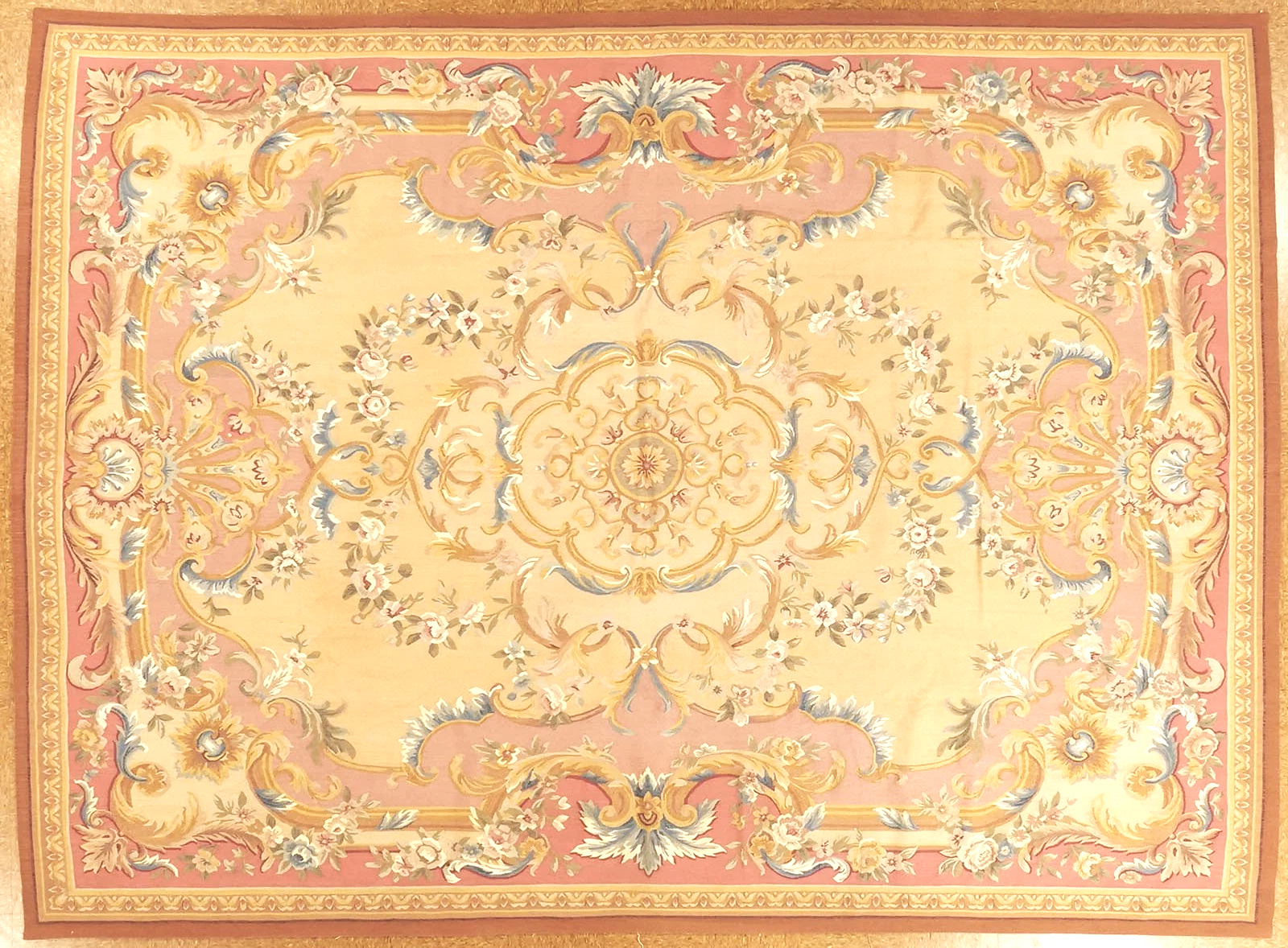 Pink handwoven aubusson carpet in size 9.5 x 13