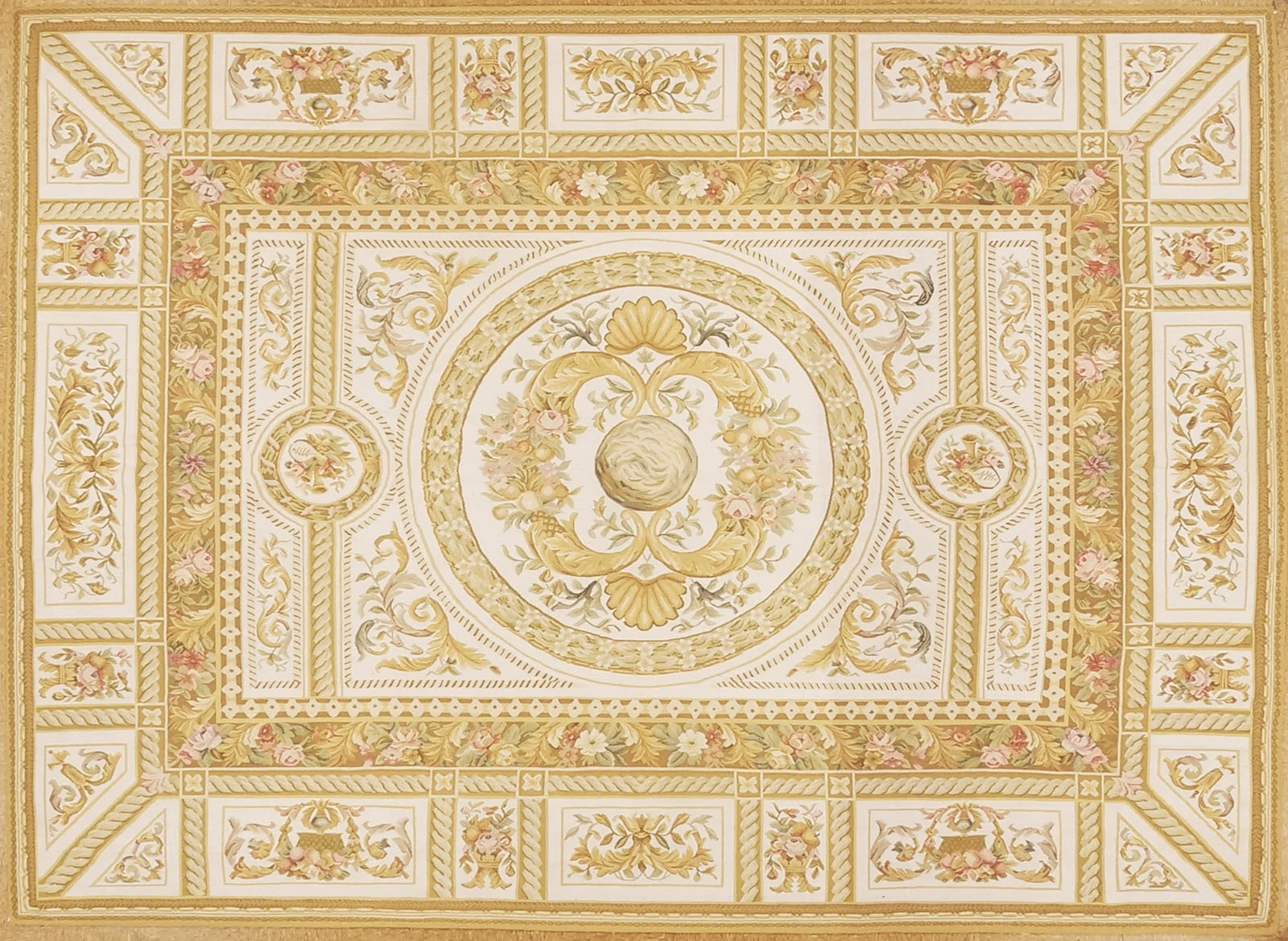 handwoven gold and ivory aubusosn rug in size 8.11 x 12.4