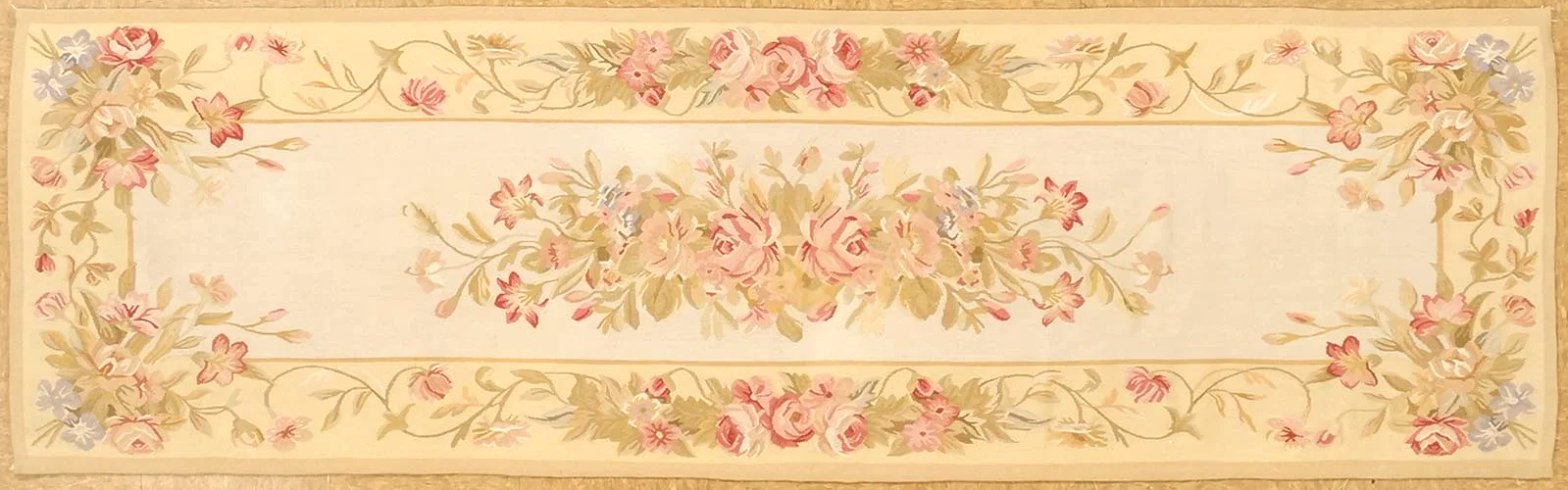 Horizontal view of handwoven new Aubusson runner 2.6x 8.3