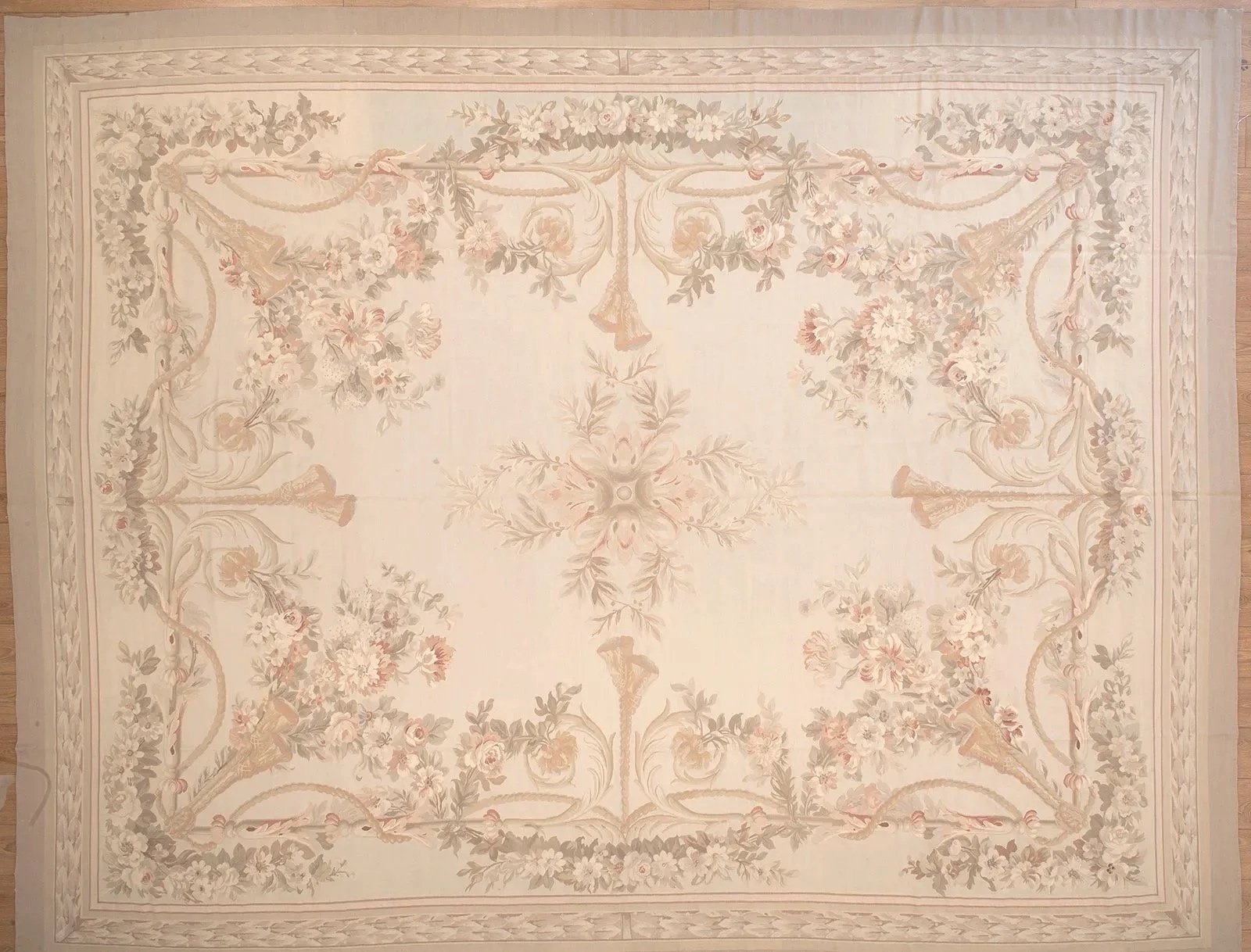 12.4-x-15.7-Aubusson carpet, handwoven of wool on cotton