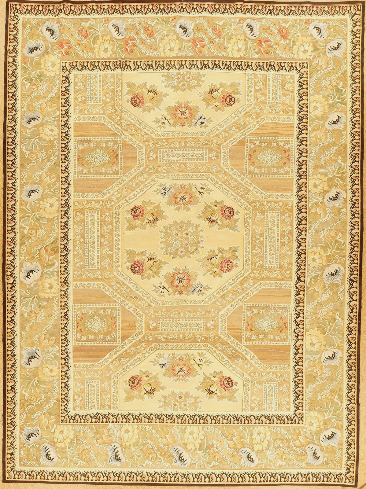 handwoven 12.1 x 16.3 yellow background aubusson carpet