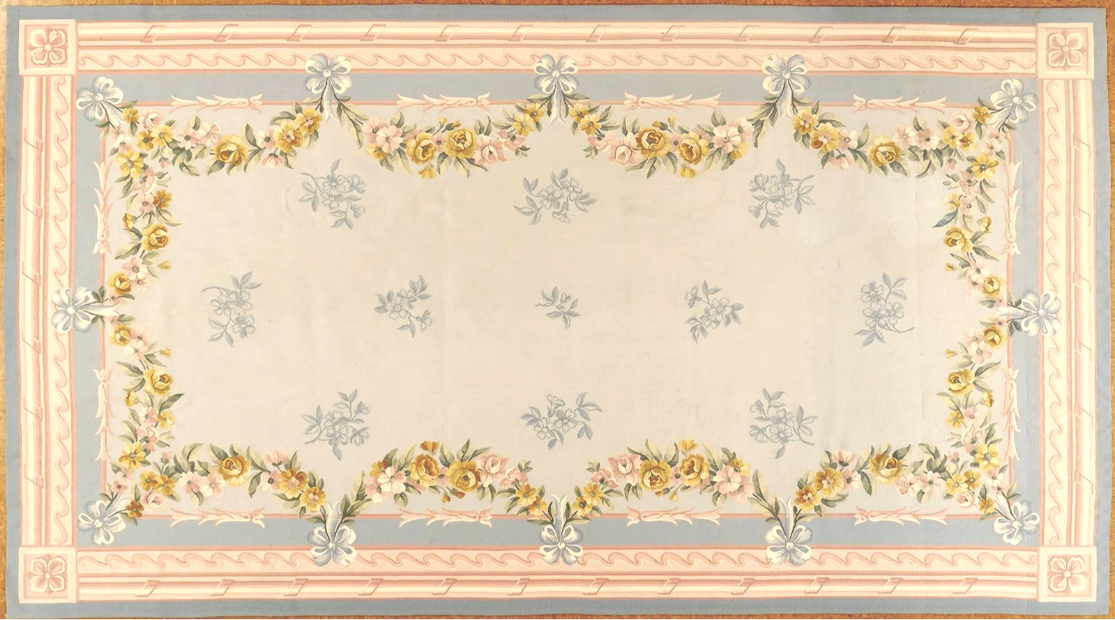 French handwoven aubusson carpet size 6 x 10.10 in pastel colors