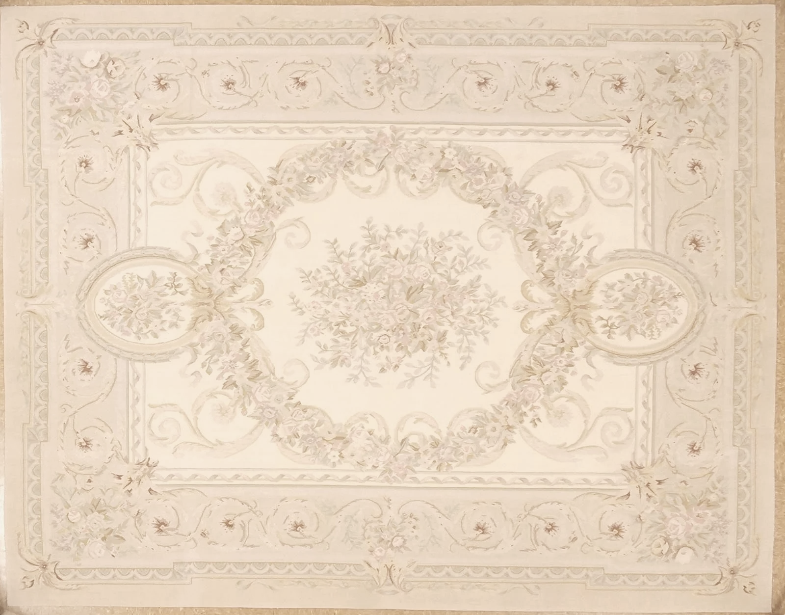 Soft, ivory cream, handwoven wooel aubusson rug