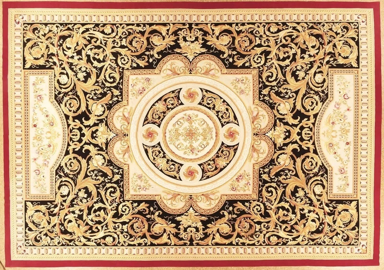Horizontal view of 12.7 x 18 black and gold woolen aubusson carpet