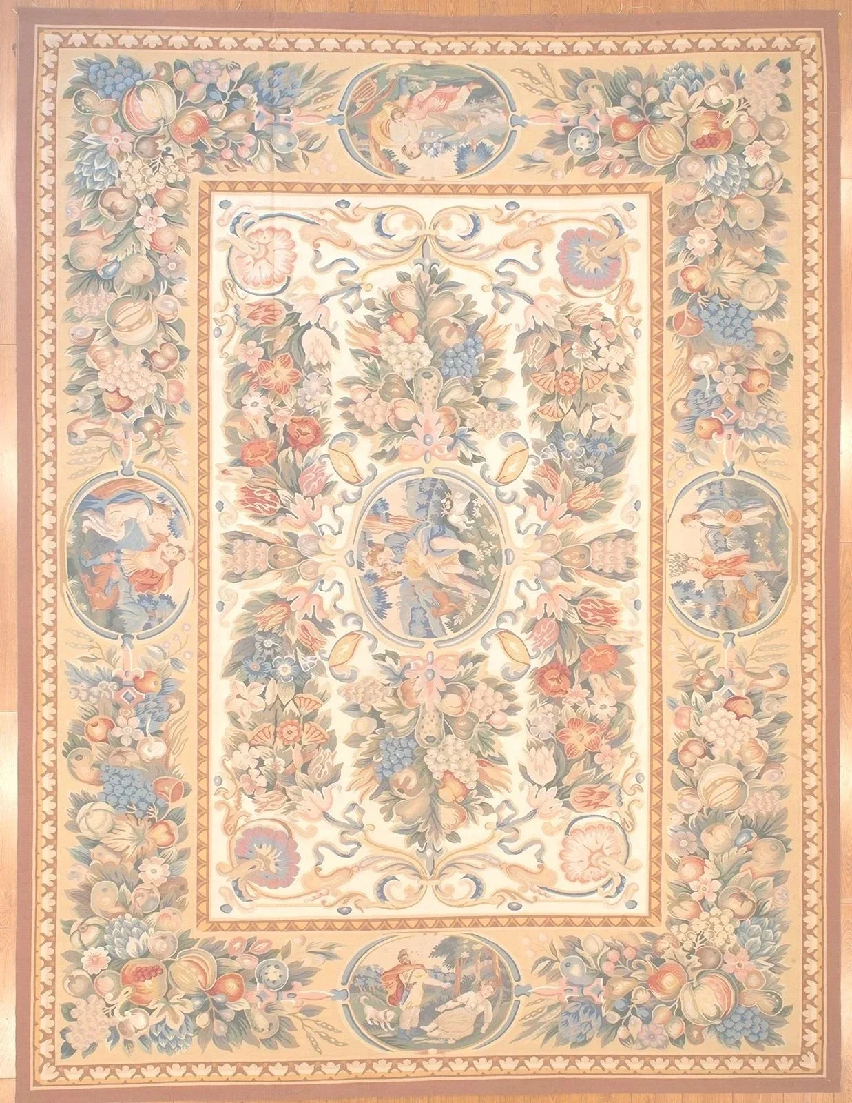 handwoven aubusson carpet with Tapestry scene fruits and flowers