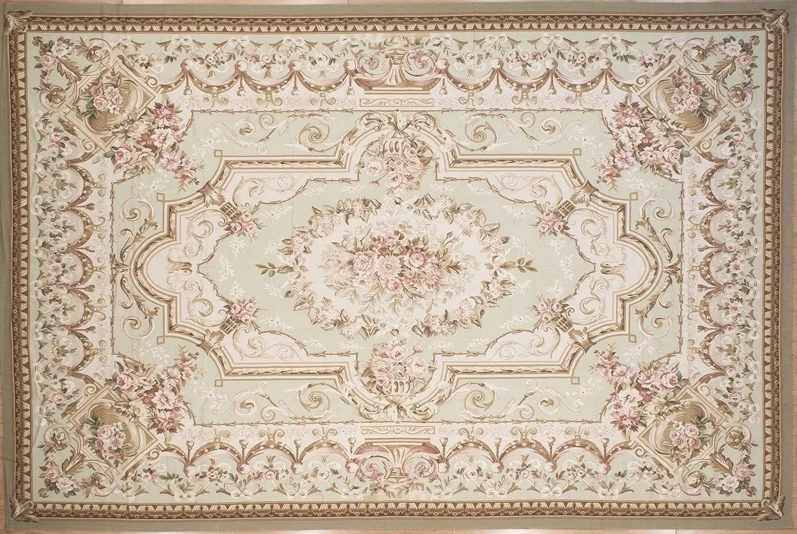 10.10-x-16..3 woolen handwoven aubusson rug in green colors