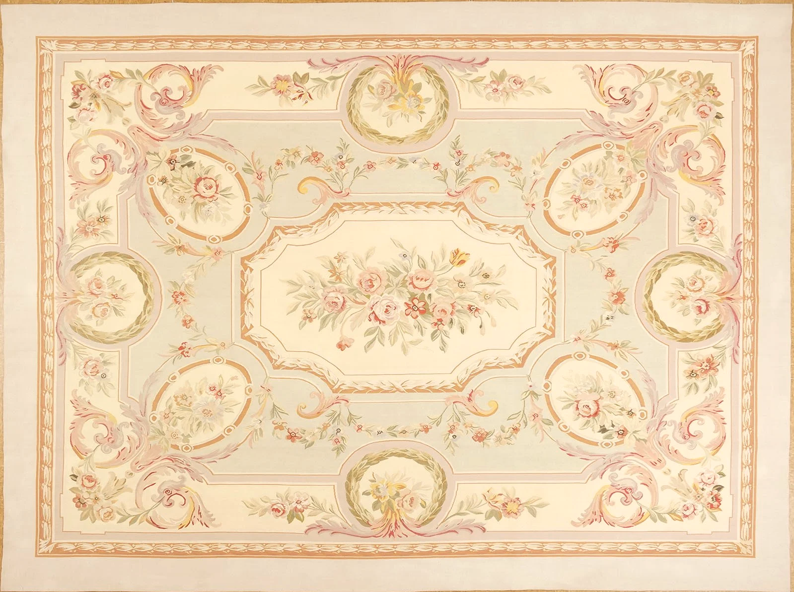 9.2 x 12.3 Handwoven pastel Aubusson carpet With Central Medallion