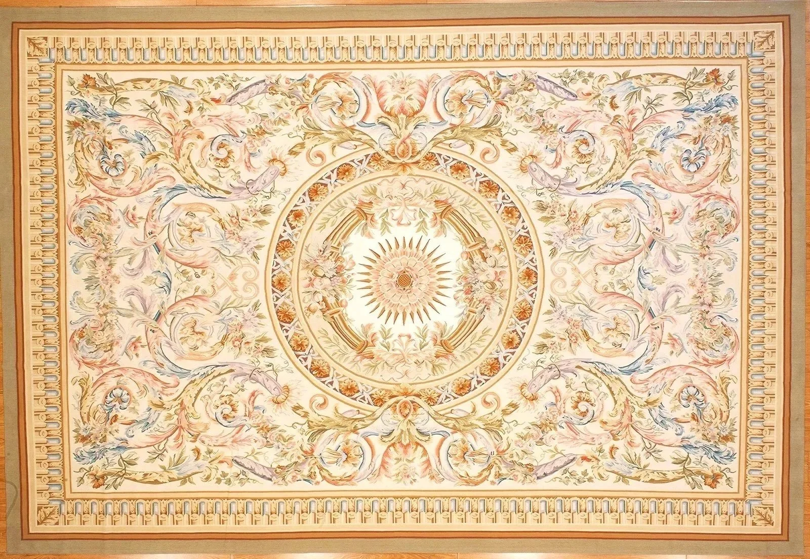 10.10-x-15.11 new handwoven woolen aubusso carpet in cream colored background with multi colored flowers