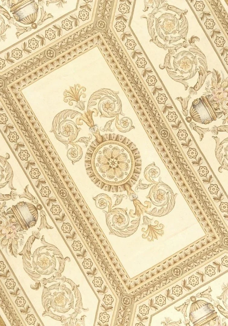 handwoven neoclassical aubusson carpet in creams 7 gold colors in size 9.8 x 13.9