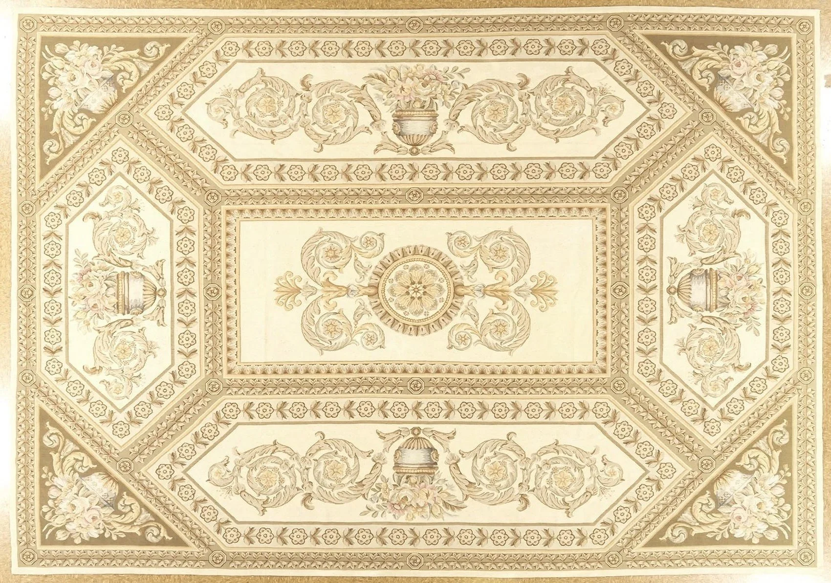 neclassical aubusson rug in cream and gold tones, size 9.8 x 13.9