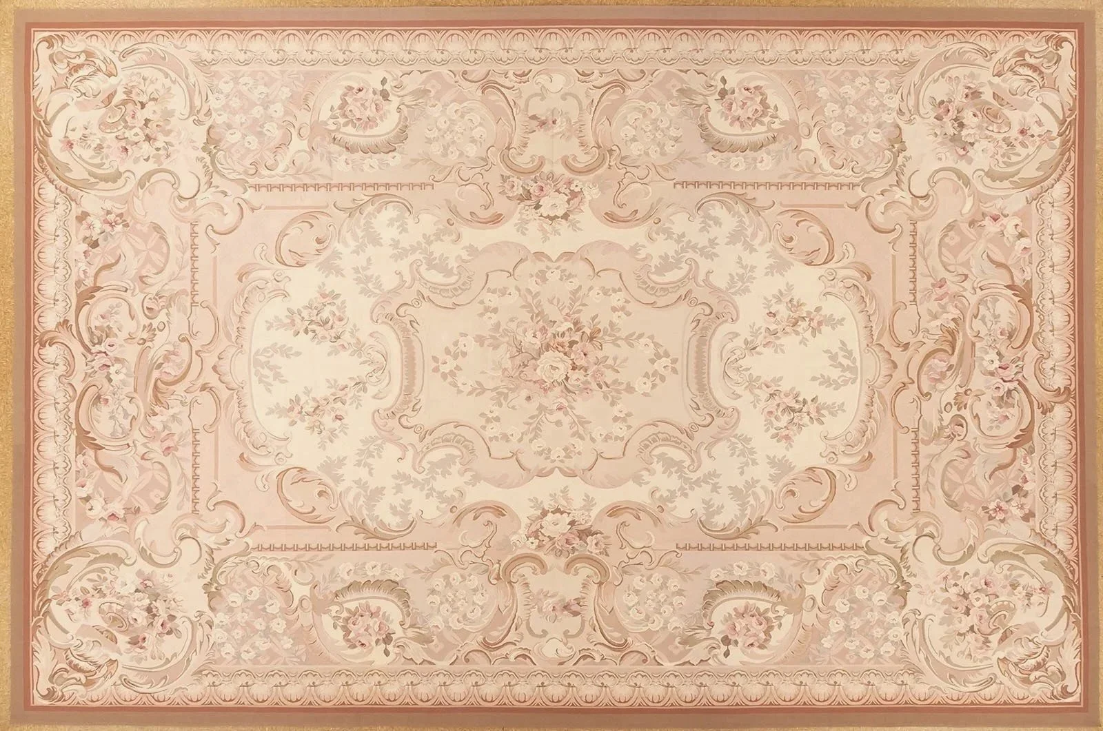 beige & cream colored handwoven aubusson rug, made of wool in size 12.1 x 18.2