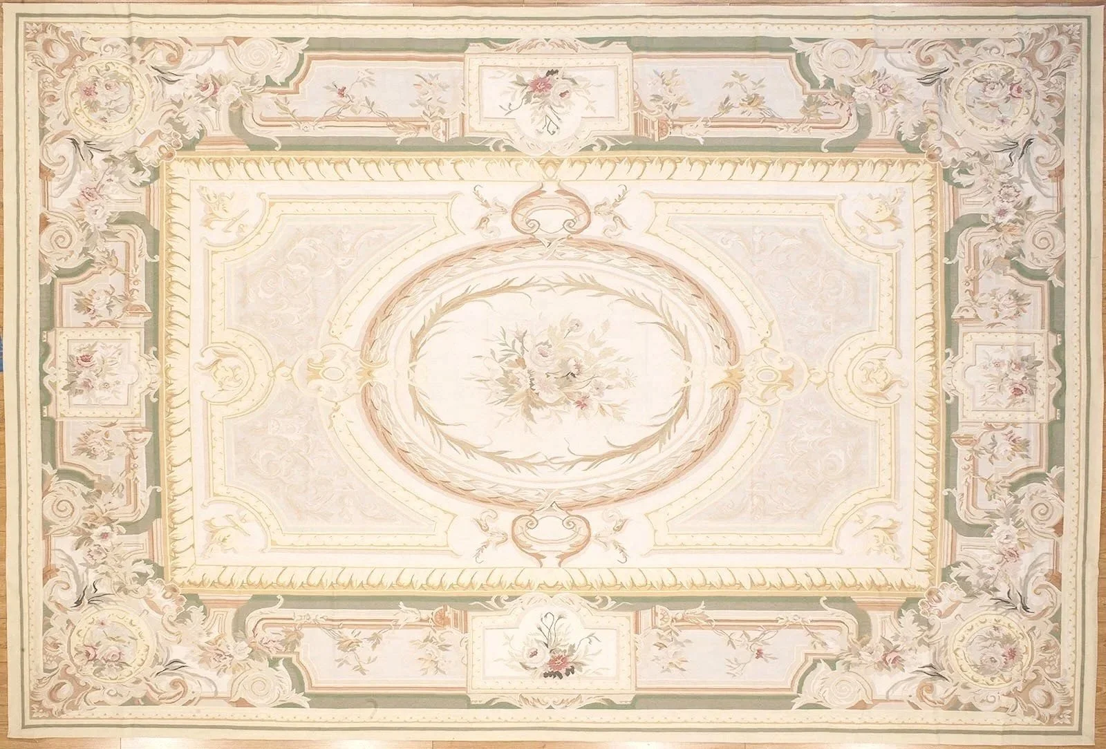 10.8-x-15.10 new handwoven green ivory auusson rug