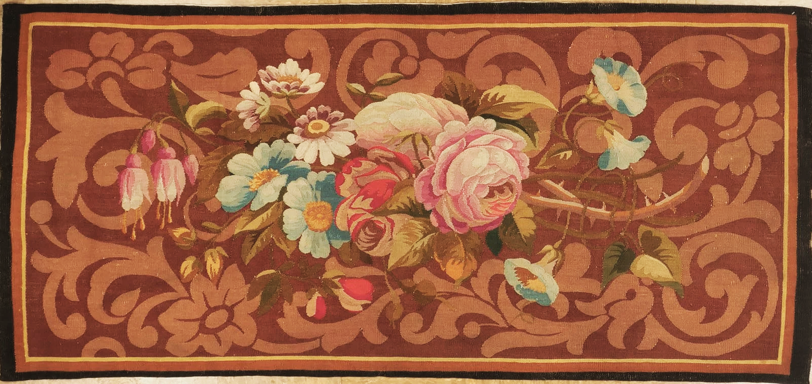 Antique French Aubusson Carpet in Chocolate Background Size 3 x 6.7