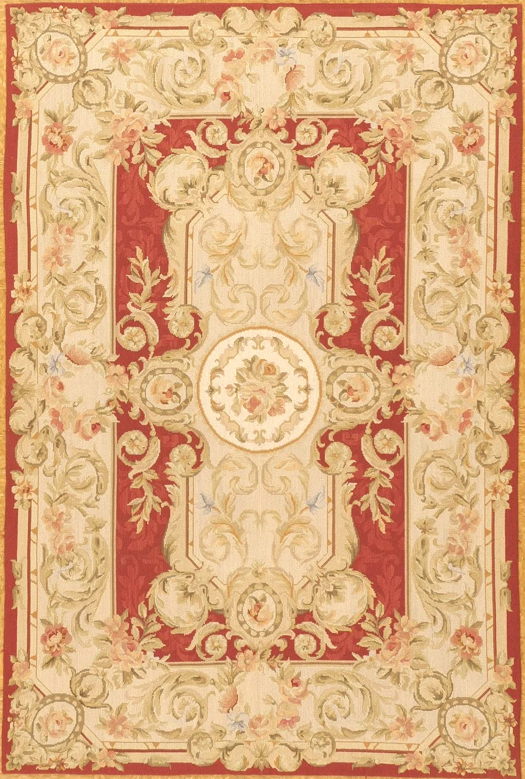 4 x 6 ivory red needlepoint rug with a french aubusson design