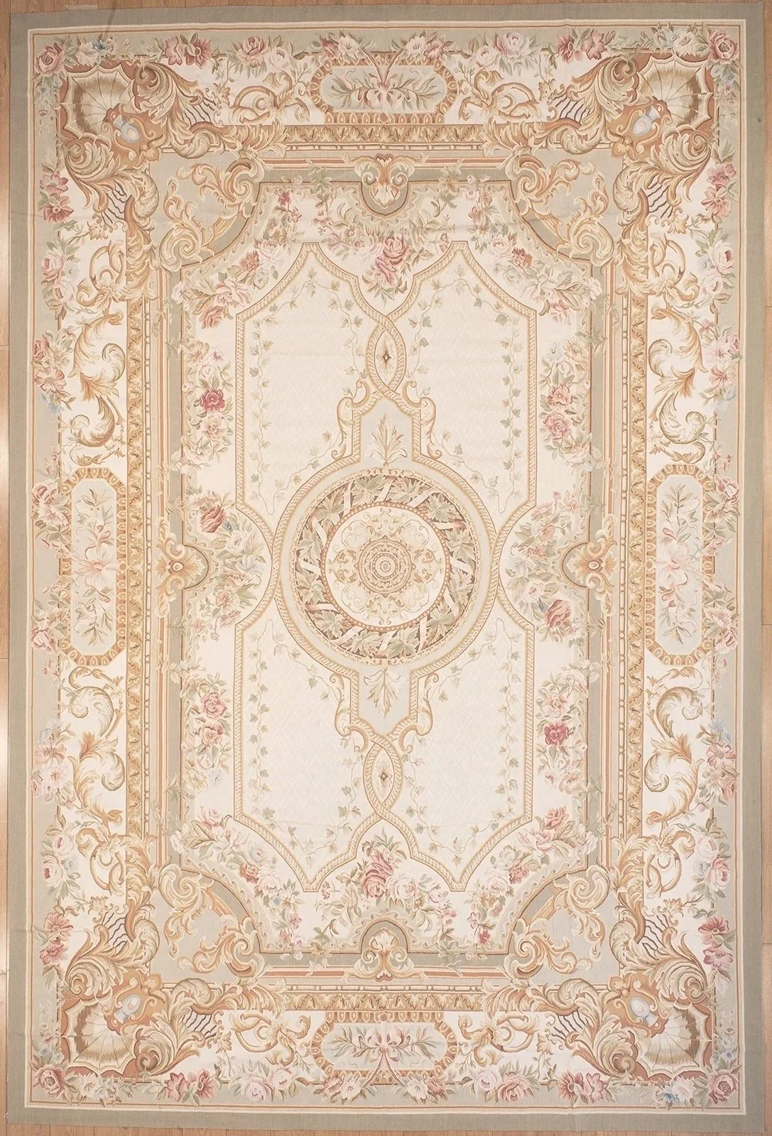 Sage Greens Gold And Soft Pink handwoven Aubusson carpet