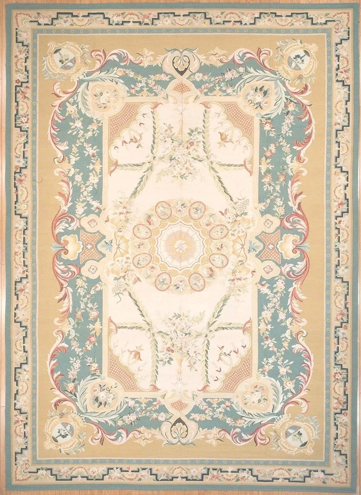 11.4-x-15.8-Woolen Aubusson rug in blue, ivory and gold colors