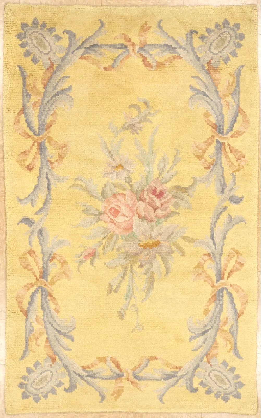 Yellow antique Savonnerie carpet in size 3.1 x 5