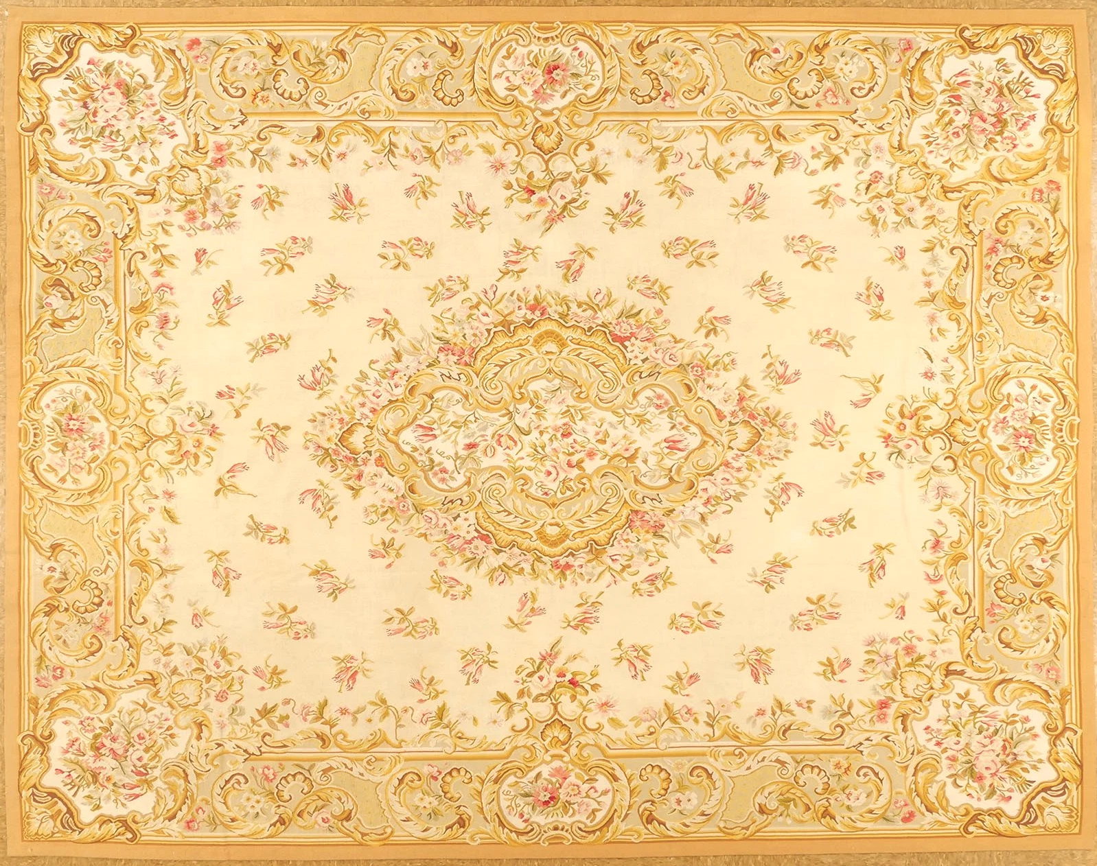 horizontal image of handwoven new woolen ivory green aubusson rug