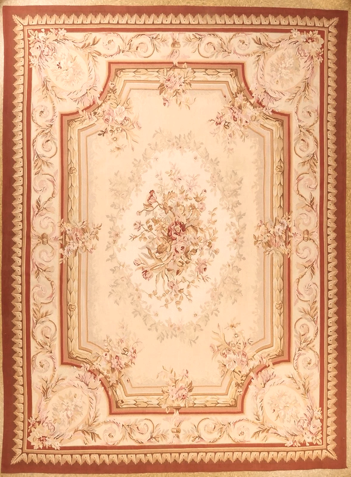 8.11 x 12.1 Aubusson Carpet Louis Philippe Style Ivory Red Design 6