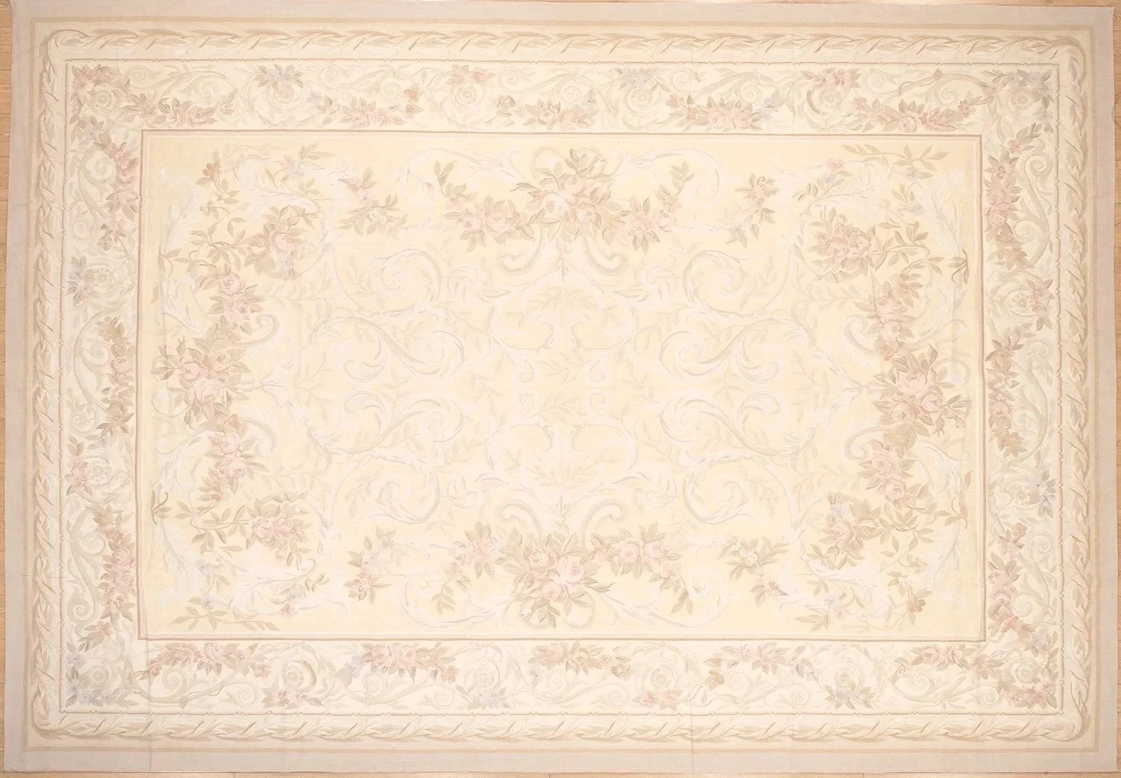 handwoven soft yellow aubusson carpet, handwoven in size 11.3 x 16.2