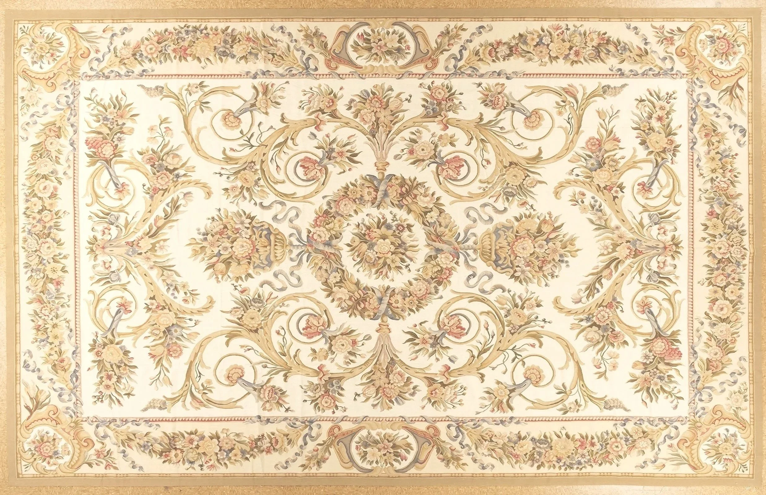 Handwoven Ivory Aubusson Carpet, Woven Of Wool On Cotton 17th Century Design Size 11.7 x 18.5