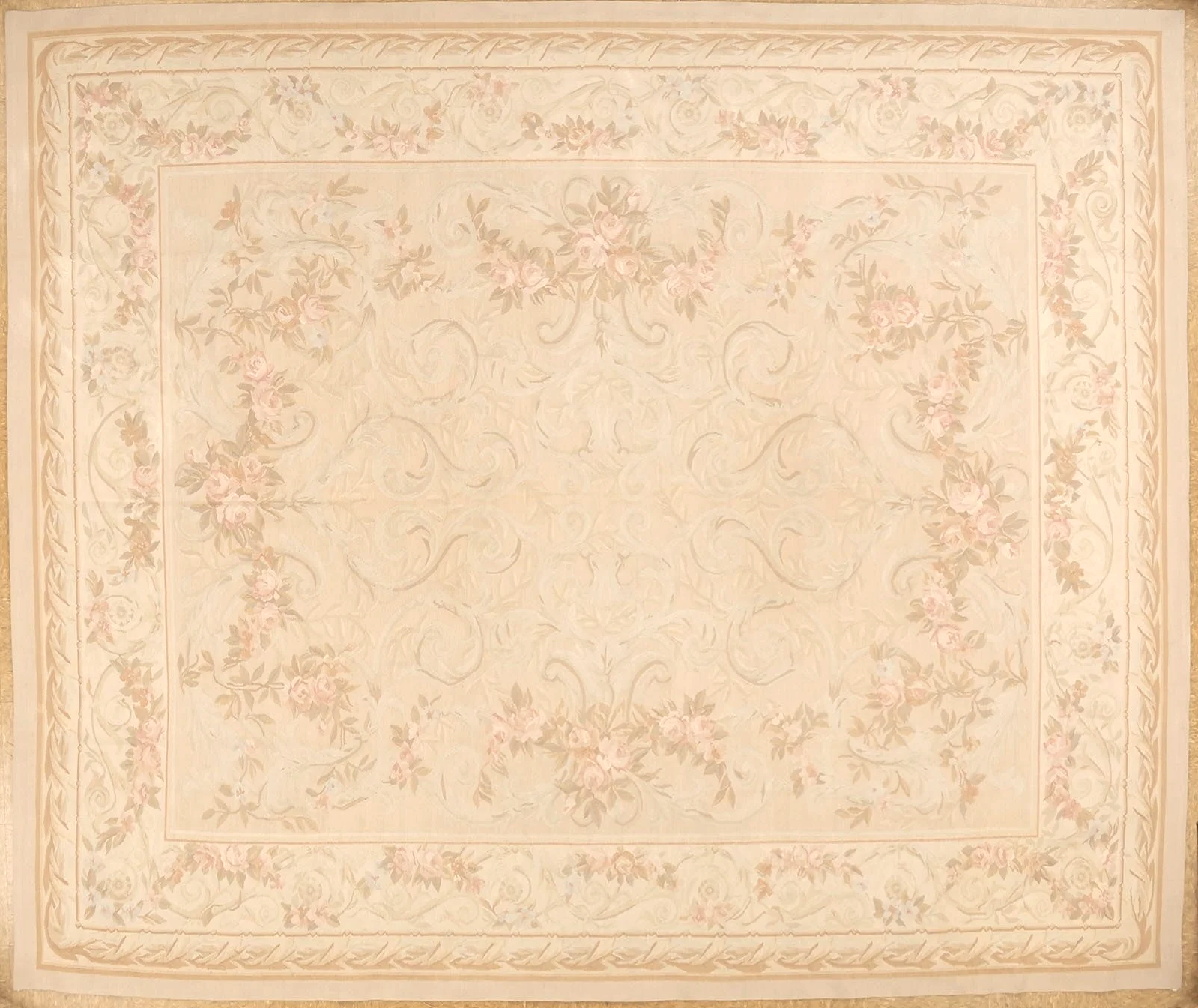 8.2 x 9.8 Woolen handwoven pastel aubusson carpet in peach tones