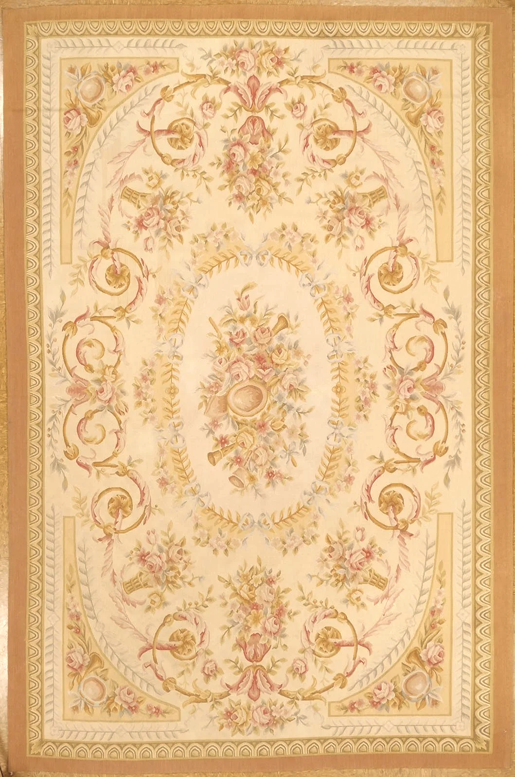 Timeless handwoven Aubusson rug in pastel colors size 6 x 9.1