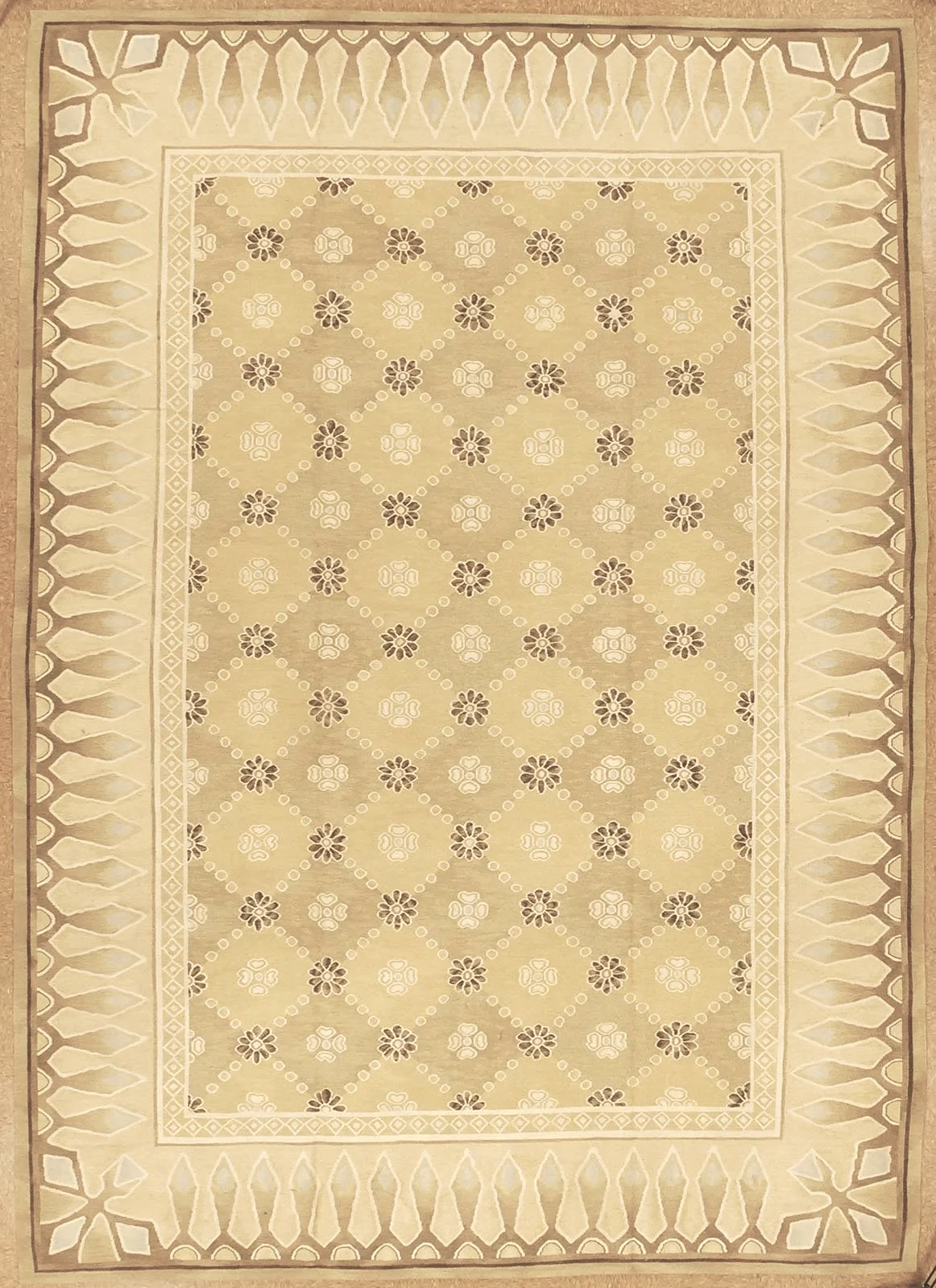 handwoven in europe, this new aubusson carpet is woven in wool with an all over design.