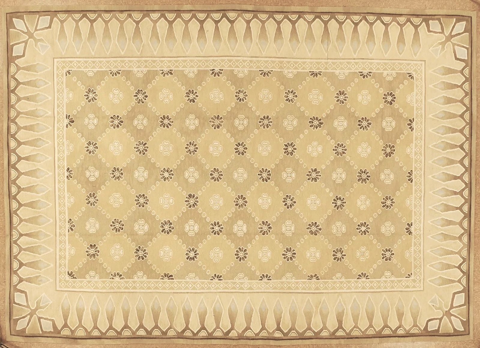 All over design had woven european aubusson carpet in green and gold tones