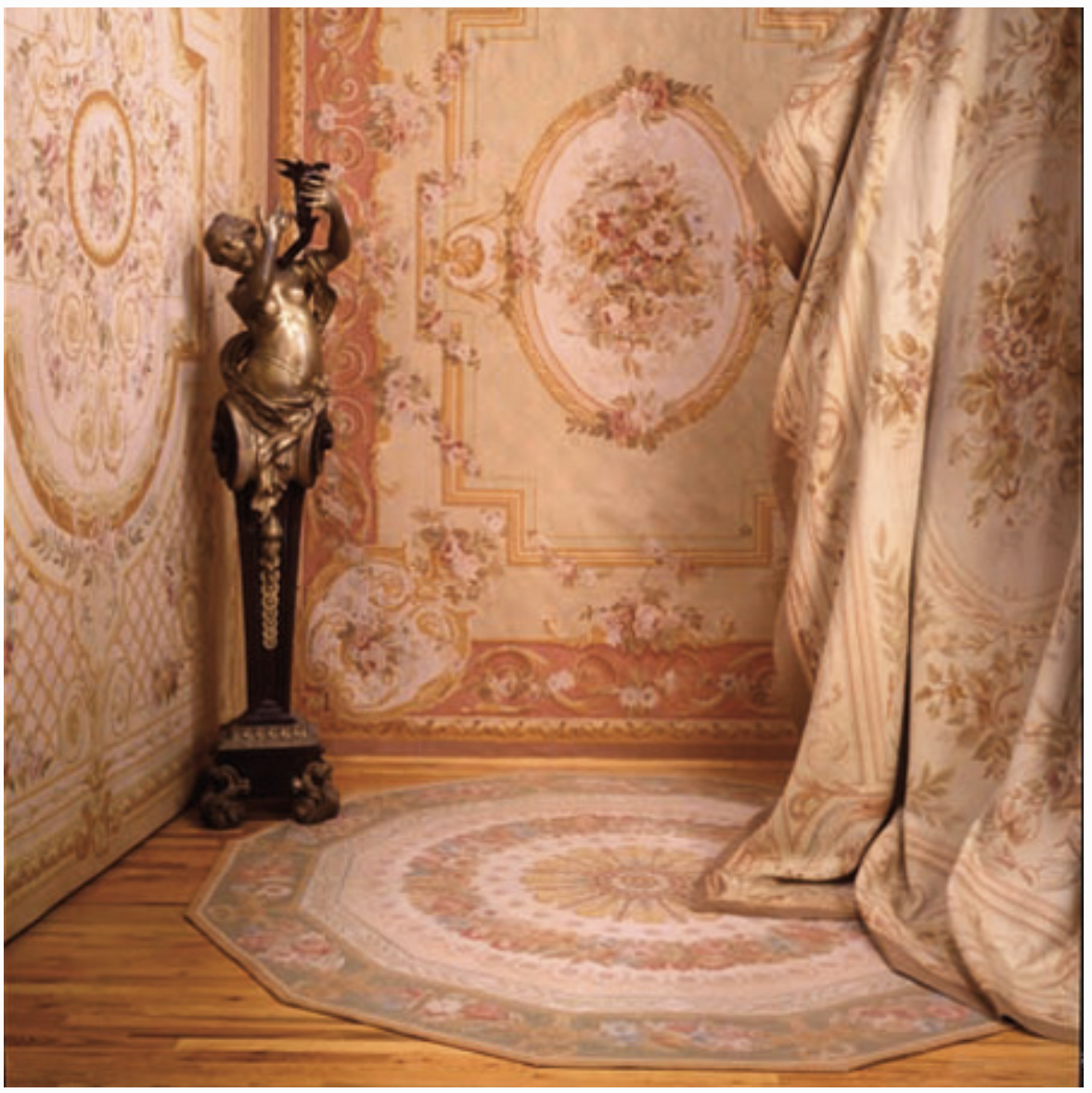 A gathering of hand woven Aubusson carpets in a setting