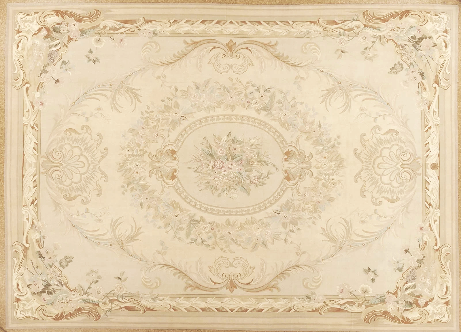 pastel aubusson carpet in beige and crean tones size 11.9 x 16.4