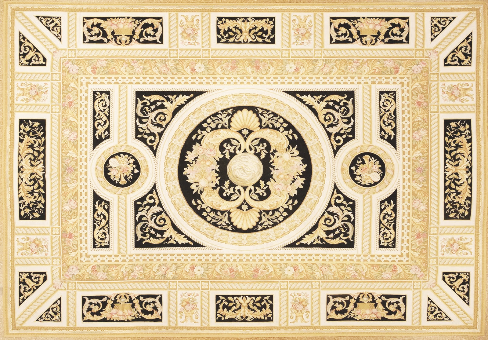 10 x 14.6 Black/Gold handwoven Aubusson rug