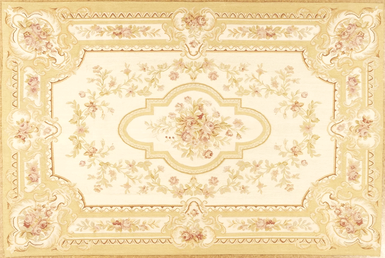 ivory gold 6 x 9 handwoven aubusson carpet made of wool.