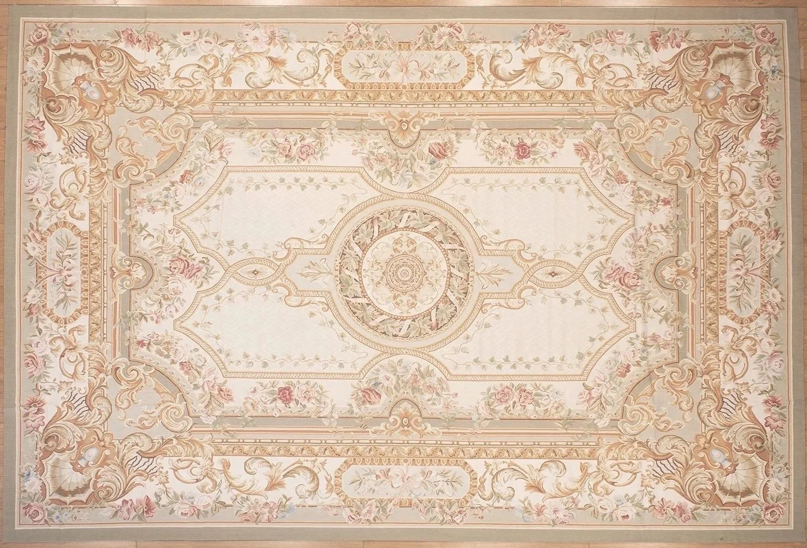 Green and rose handwoven Aubusson rug