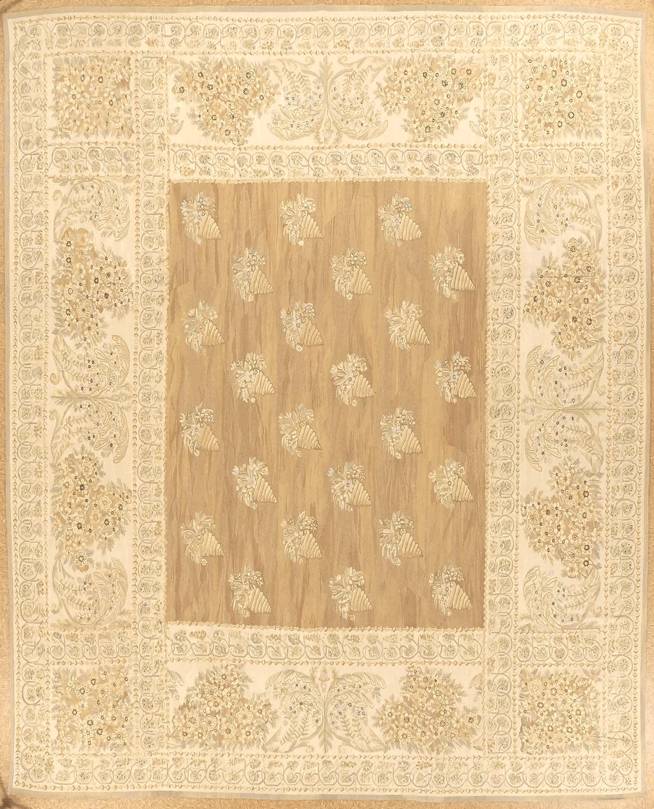 12.2 x 15.1 New woolen handwoven aubusson rug in brown, ivory and green tones