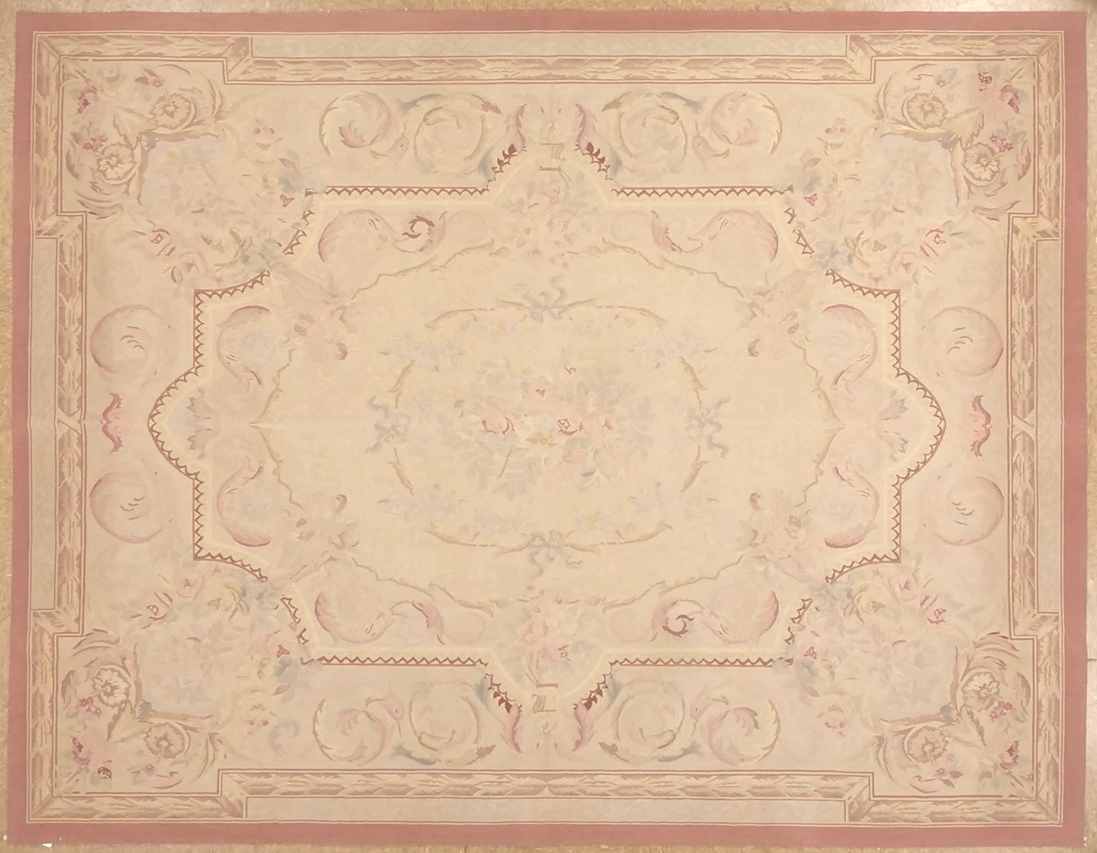 New antique look woolen hand woven Aubusson carpet in pastel colors