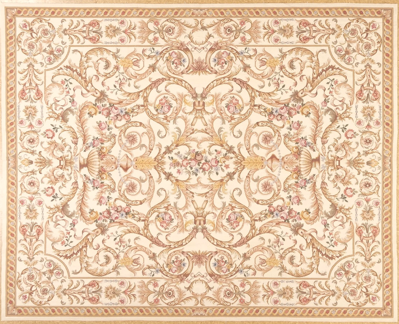 Horizontal view of handwoven woolen cream colored needlepoint rug