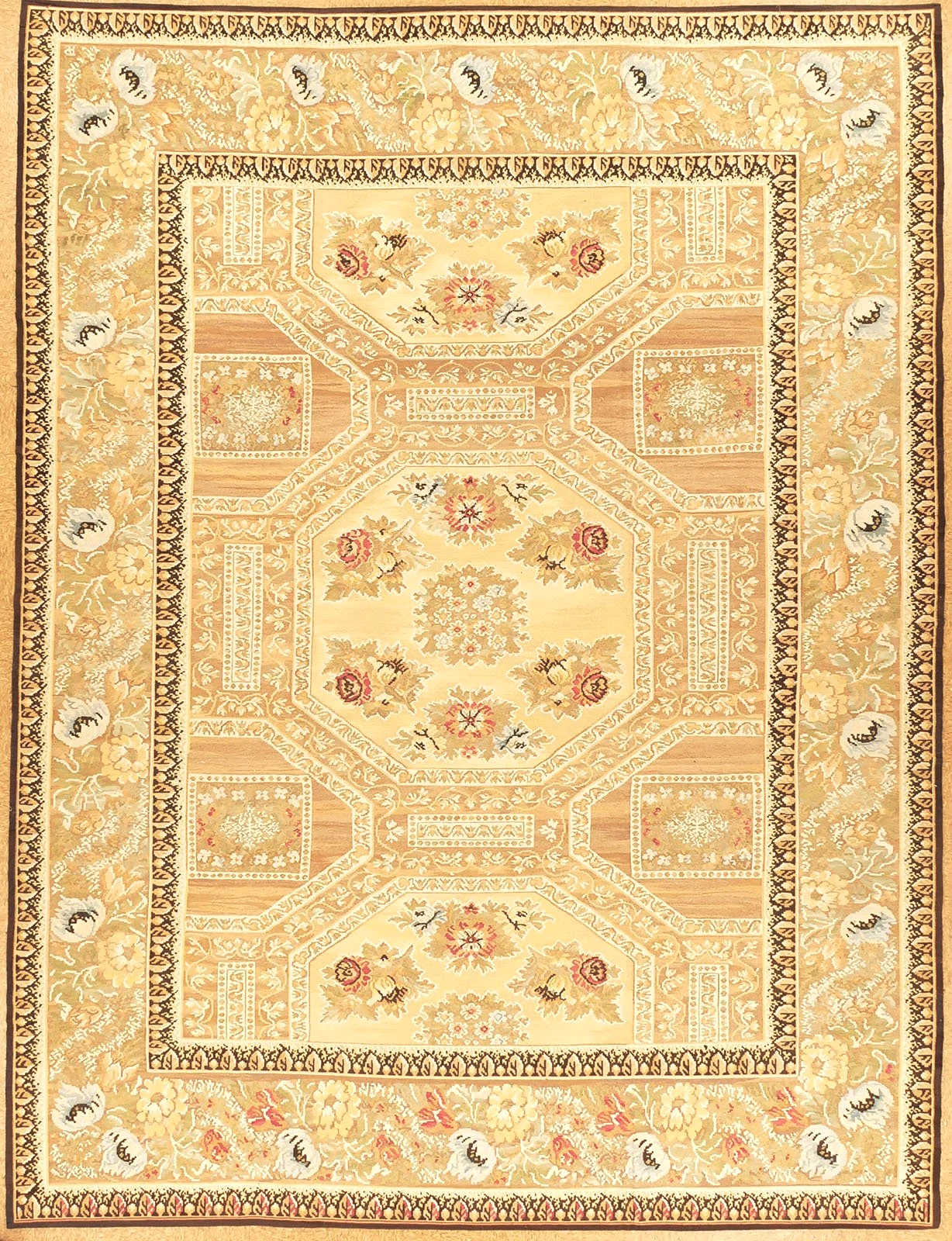 Abadjian Bessarabian Aubusson  rug with a floral pattern in shades of beige, cream, pink, and black, featuring a central medallion and decorative border.
