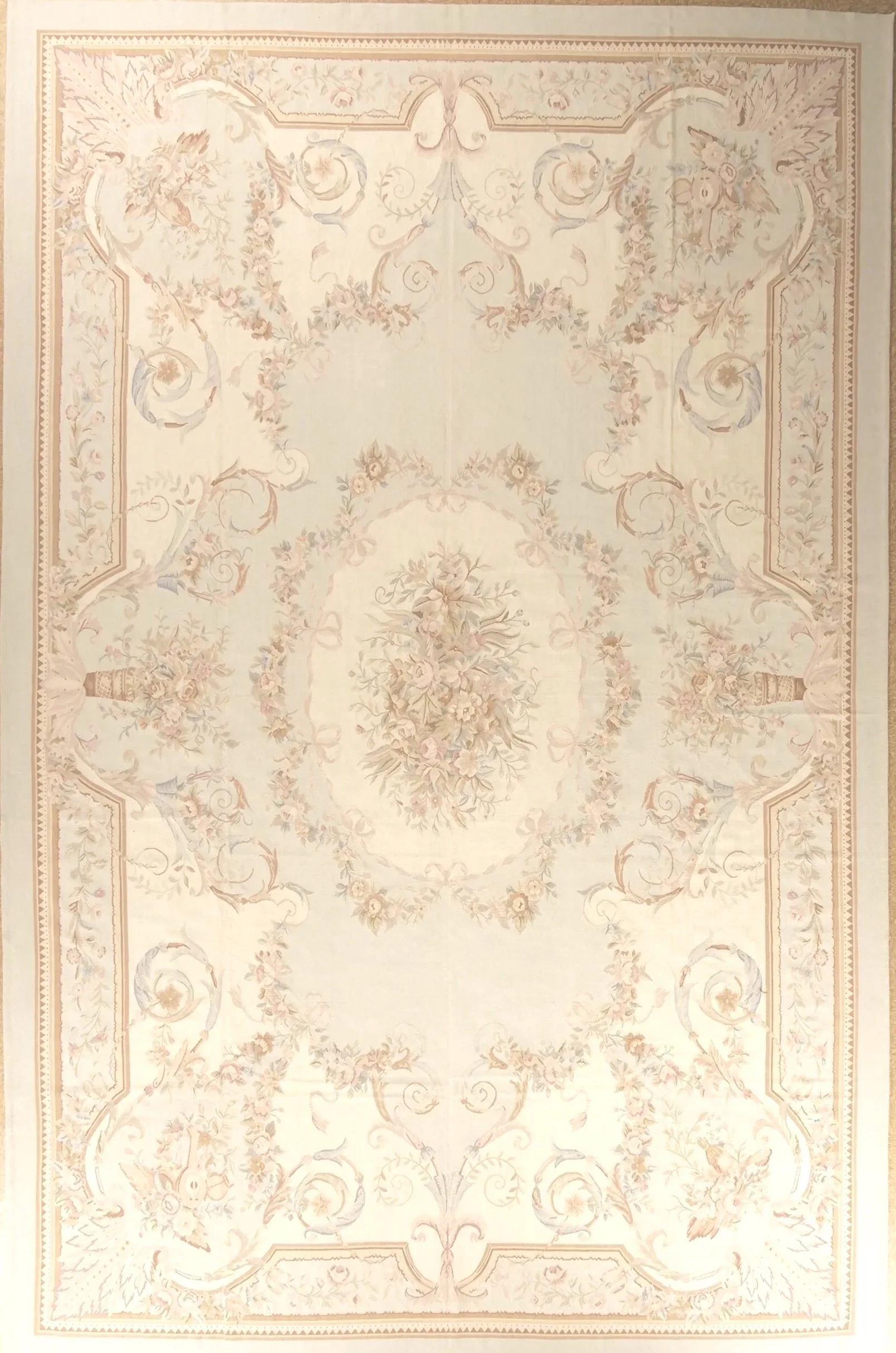 Soft Blue Pastel Aubusson carpet size 12 x 18.5