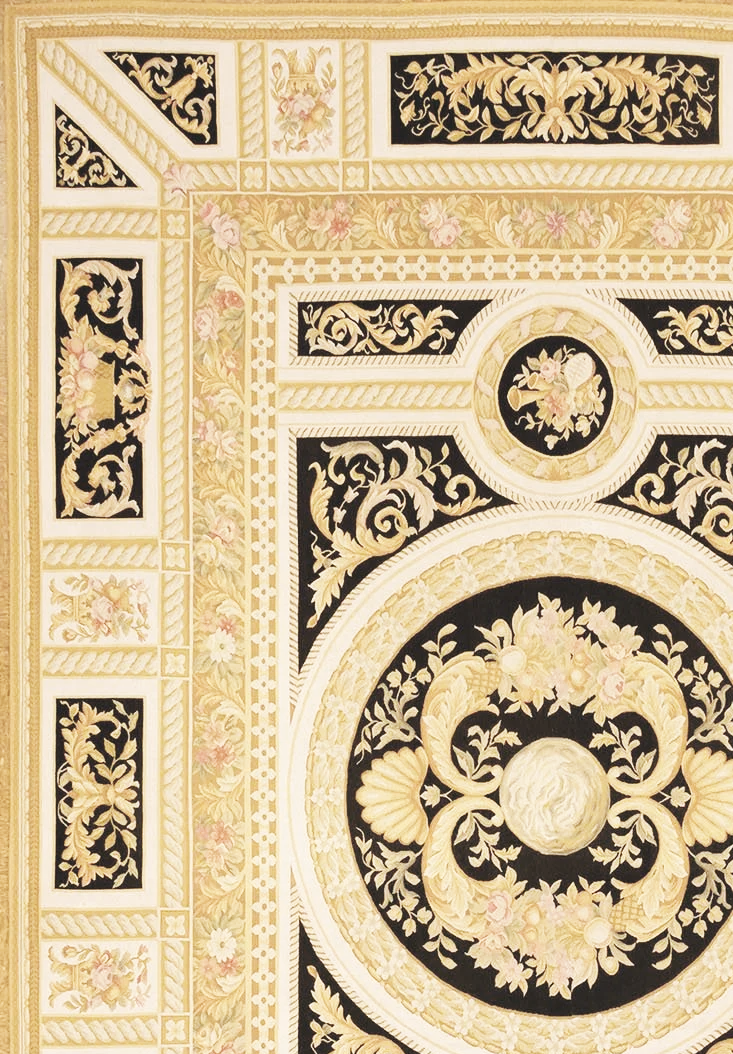 10 x 14.6 Gold and black empire style Aubusson rug