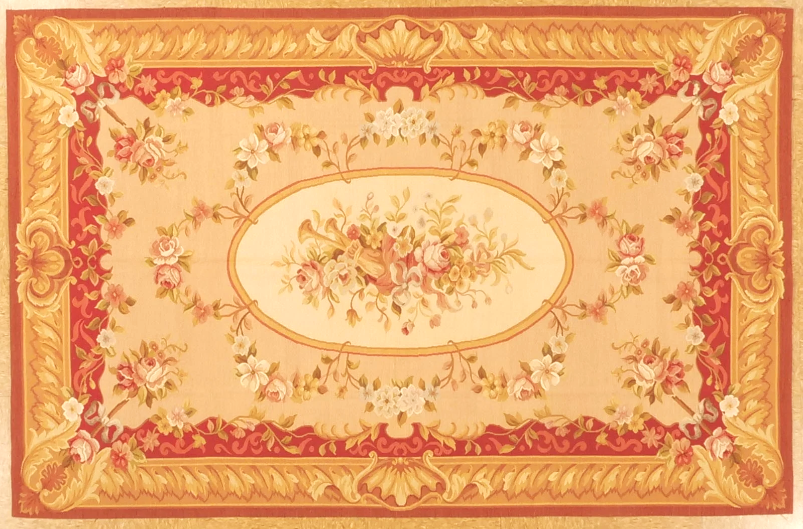 Red Aubusson carpet with medallion size 5.1 x 7.9