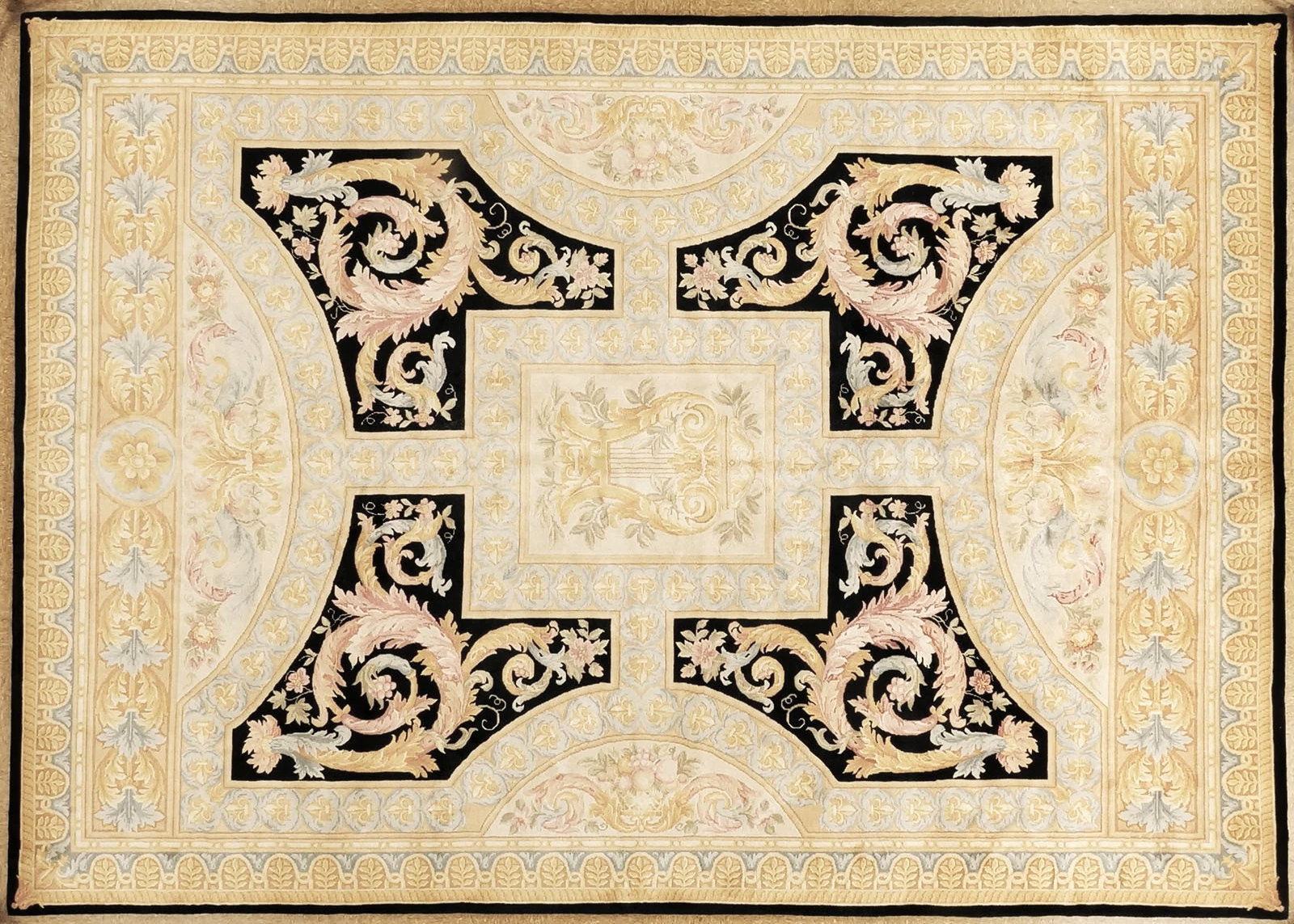 New Woolen Hand Knotted Savonnerie Carpet In Black And Gold Colors