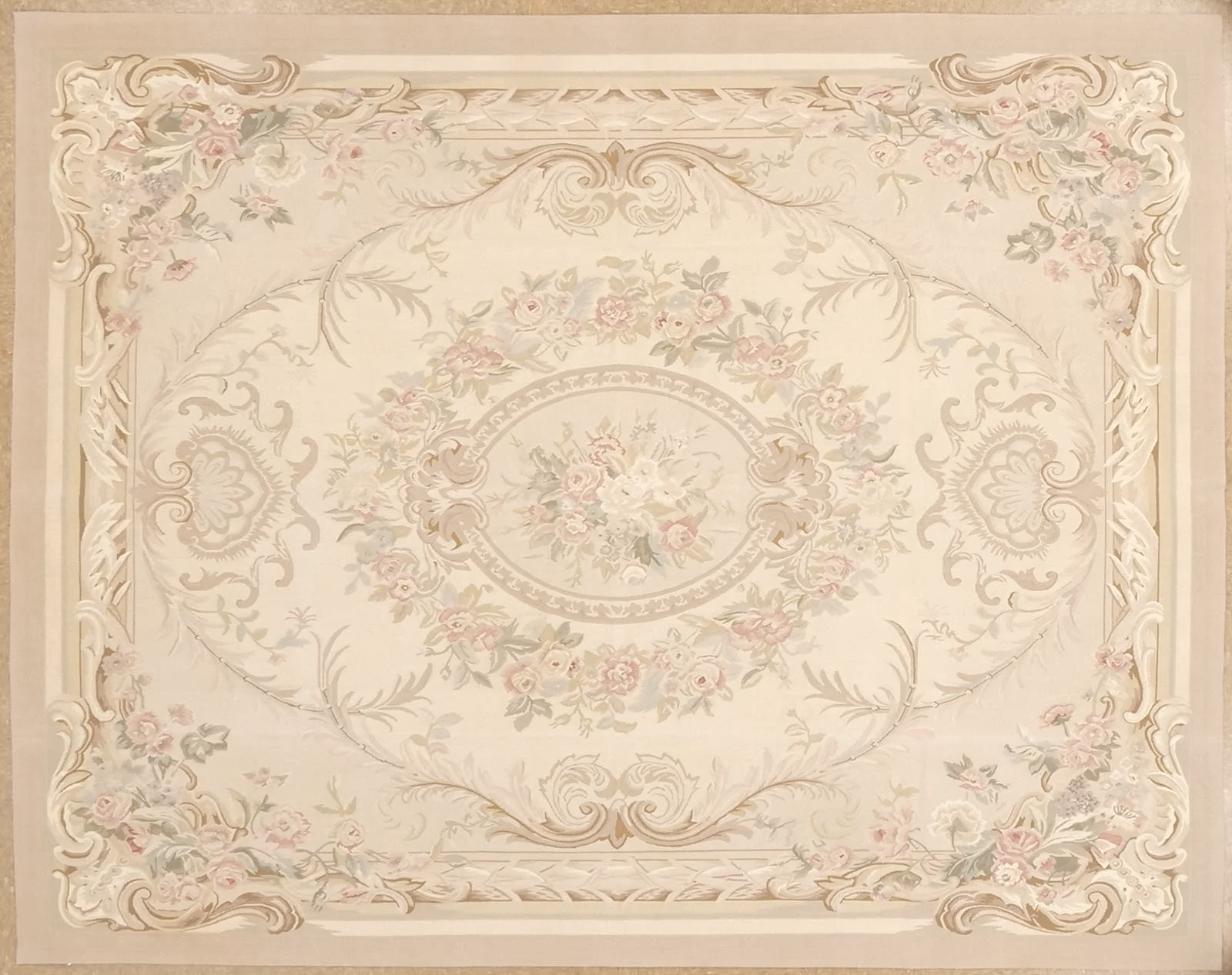 8.1x10.4 Aubusson rug in cream colors with central medallion