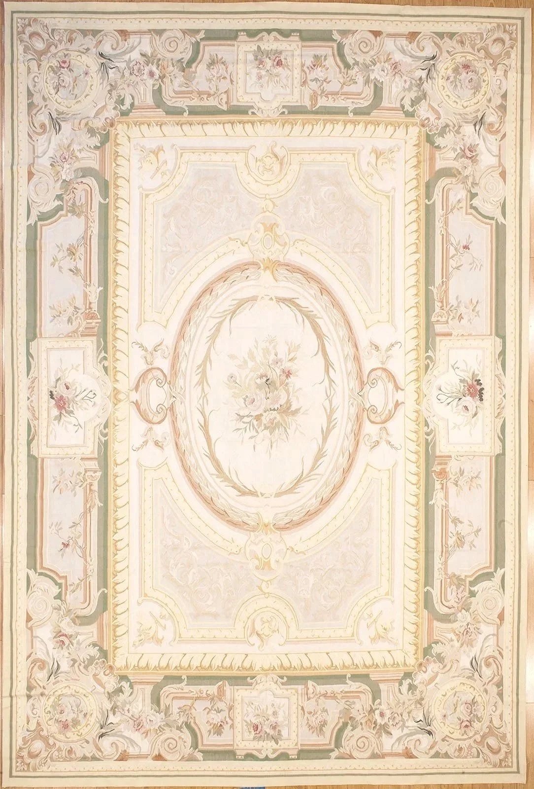 10.8-x-15.10 ivory green handwoven woolen aubusson rug