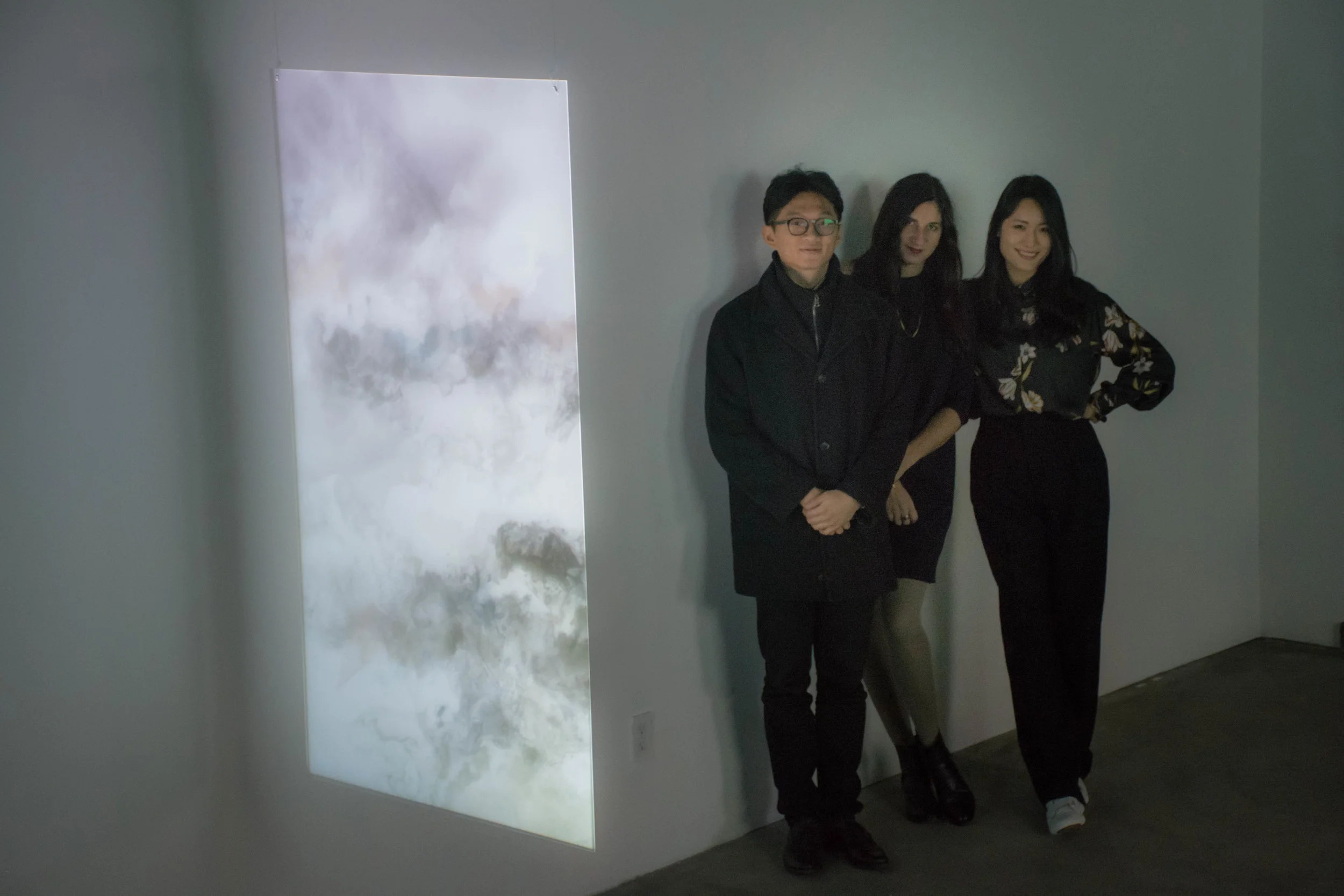 Left to Right: Composer Shiuan Chang, Artist Simona Prives and Curator Grace Noh at May We Share Our Minds? Exhibition Opening Night at John Doe Gallery