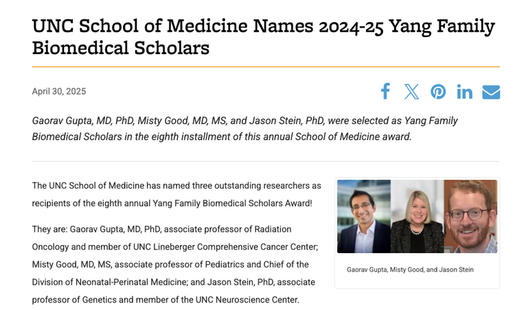 Jason is named a Yang Family Biomedical Scholar — Stein Lab